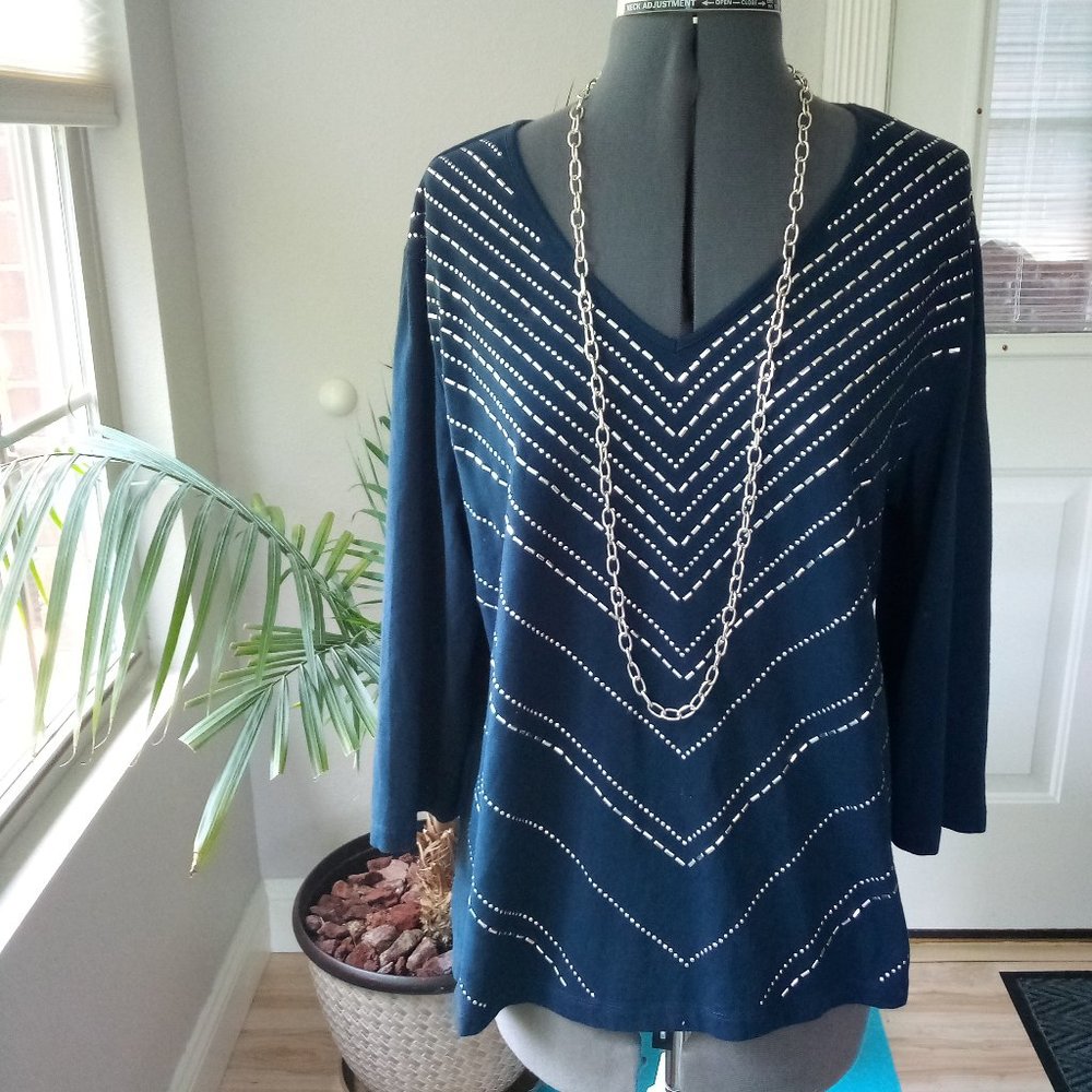 Alfred Dunner 3/4 Sleeved Silver Studded Blouse - Picture 2 of 12